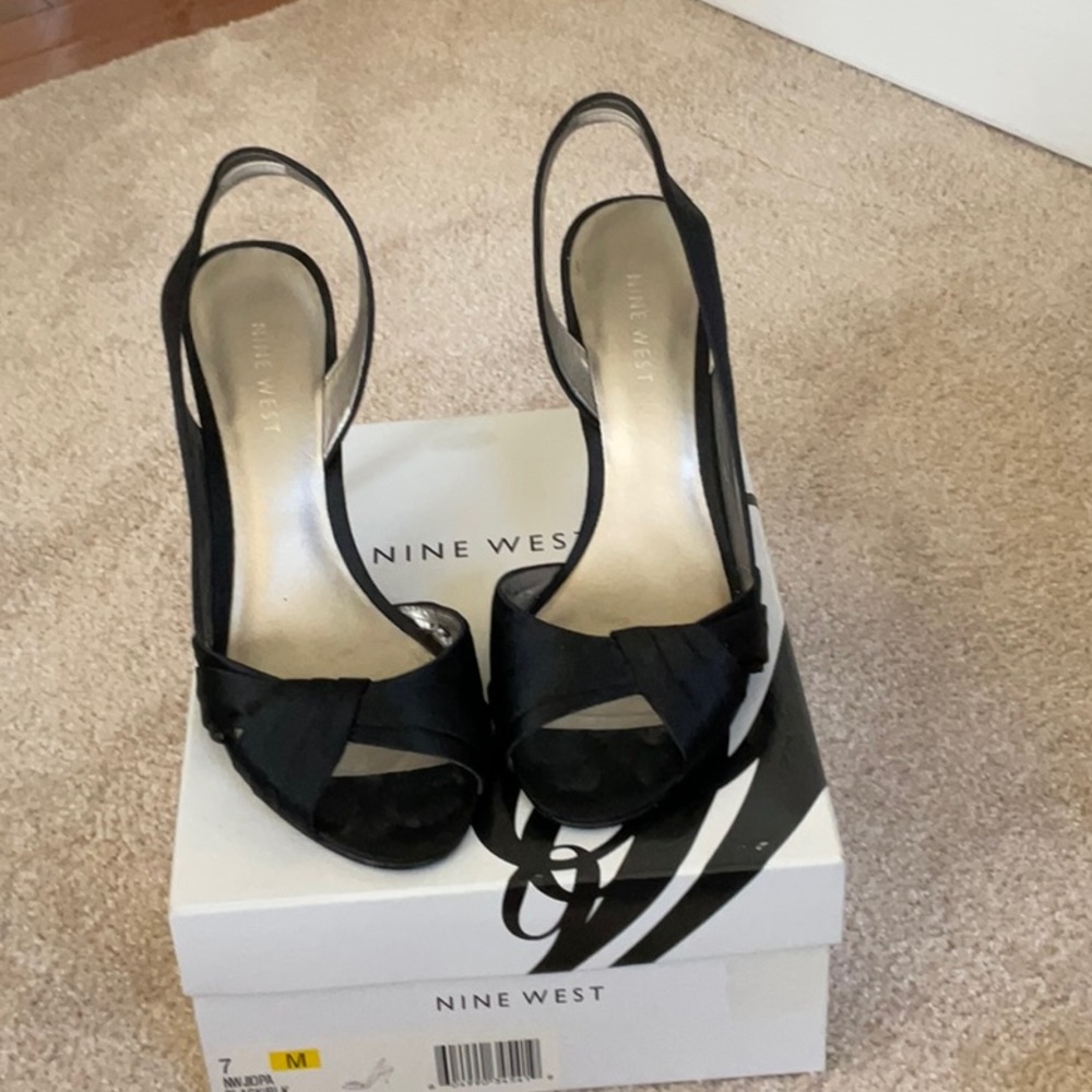 Nine West black satin open toe sling back  dress shoes.  Size 7